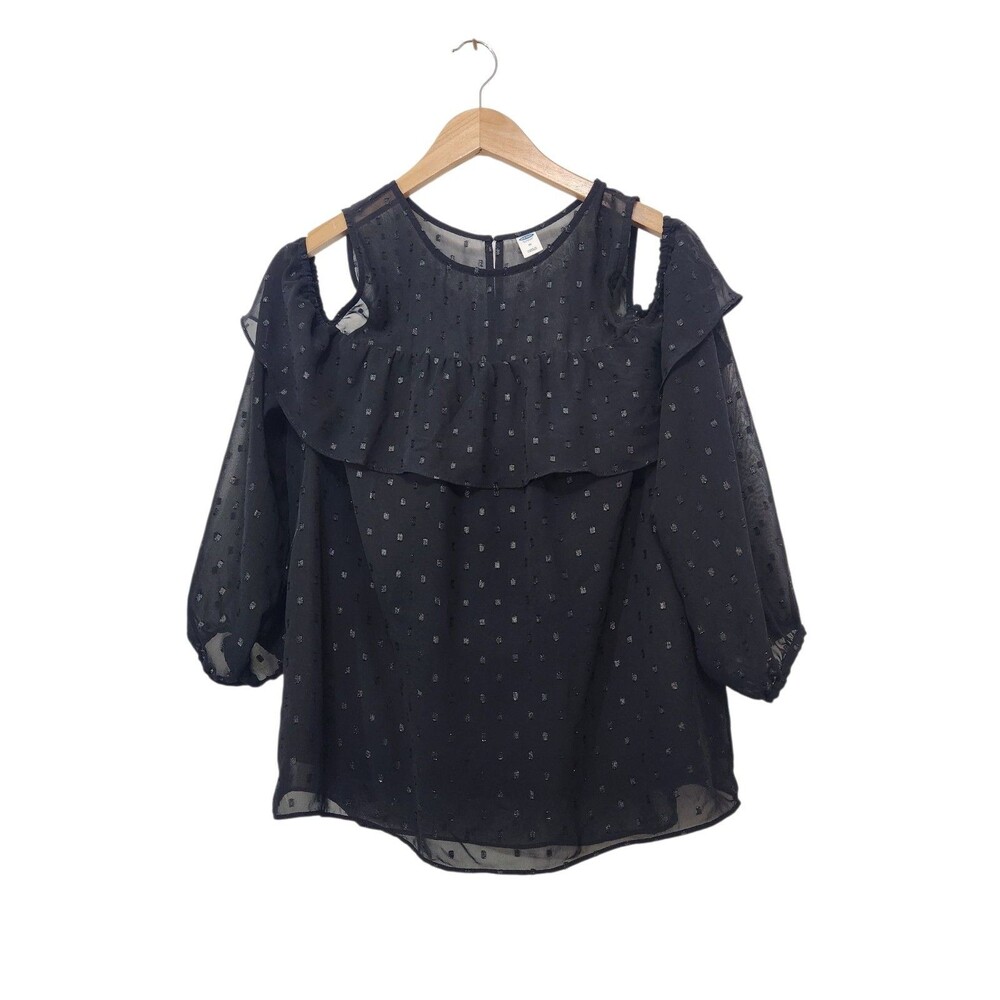 Old Navy Blouse Top Women M Black Cold Shoulder Ruffle Dotted Swiss Chiffon
